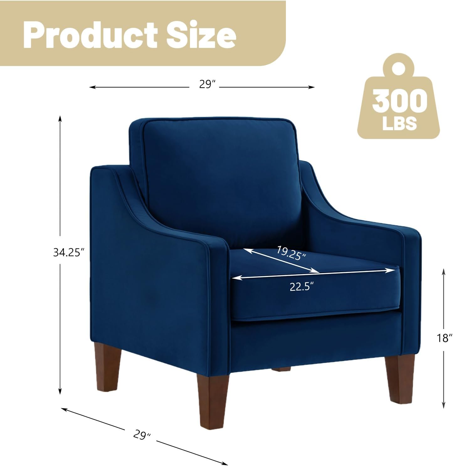 Modern Accent Chair Velvet Upholstered Single Sofa Chair with Wooden Legs Comfy Arm Chair for Living Room Bedroom, Navy