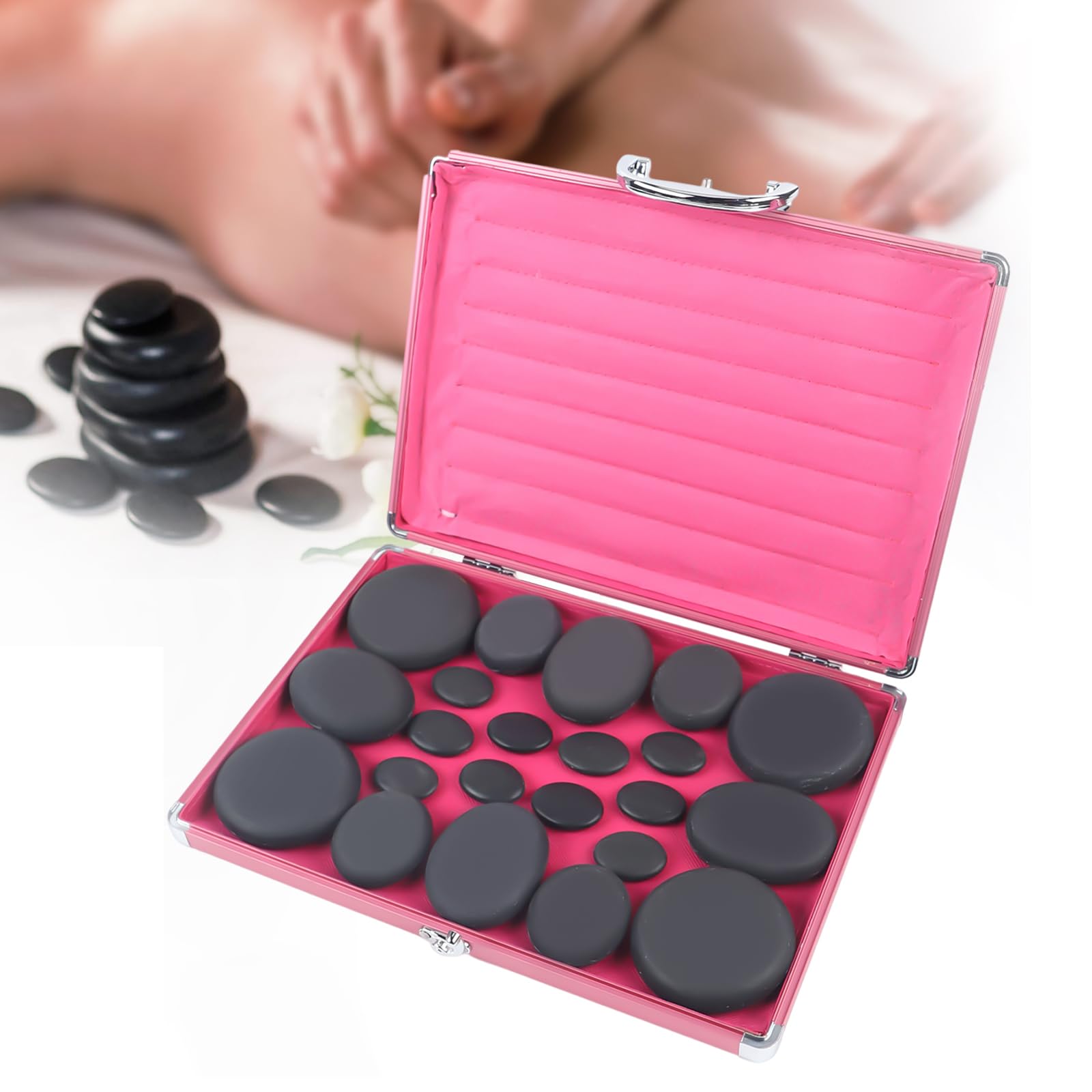 JINPRDAMZ Hot Stone - Juego de 20 piedras de masaje de basalto en caja térmica para uso doméstico, spa, set profesional de piedras de masaje y relajación