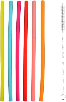 6 Pack Reusable Silicone Drinking Straws with 1 Cleaning brushes - 8.4 Long, Flexible, Safe for Kids/Toddlers