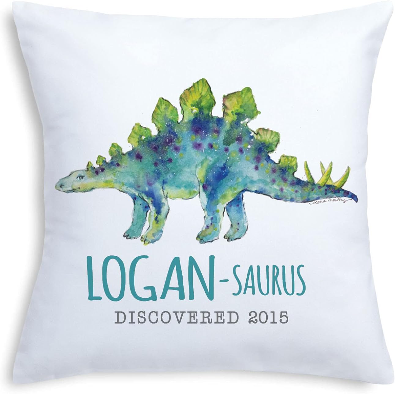 Personalized Planet Blue Stegosaurus 14" Throw Pillow with Custom Name and Birth Year Printed on White Square Removable Cover and Decorative Accent for Nursery Play Room or Bedroom, 14x14
