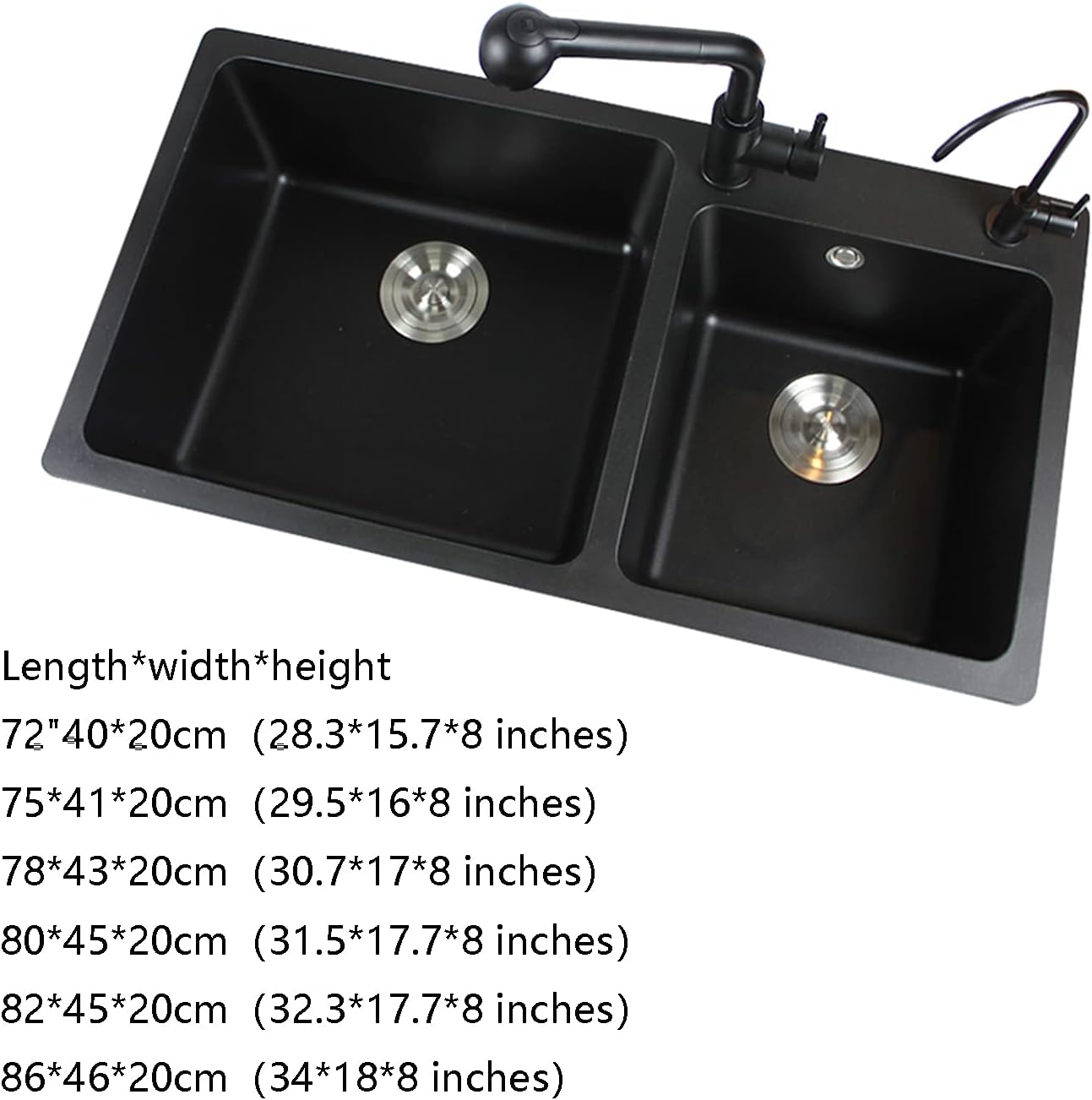 Large Rectangular Double Bowl Sink, Black Quartz Stone Sink for Restaurant Bar Counter (B 78 * 43 * 20cm) (B 75 * 41 * 20cm)