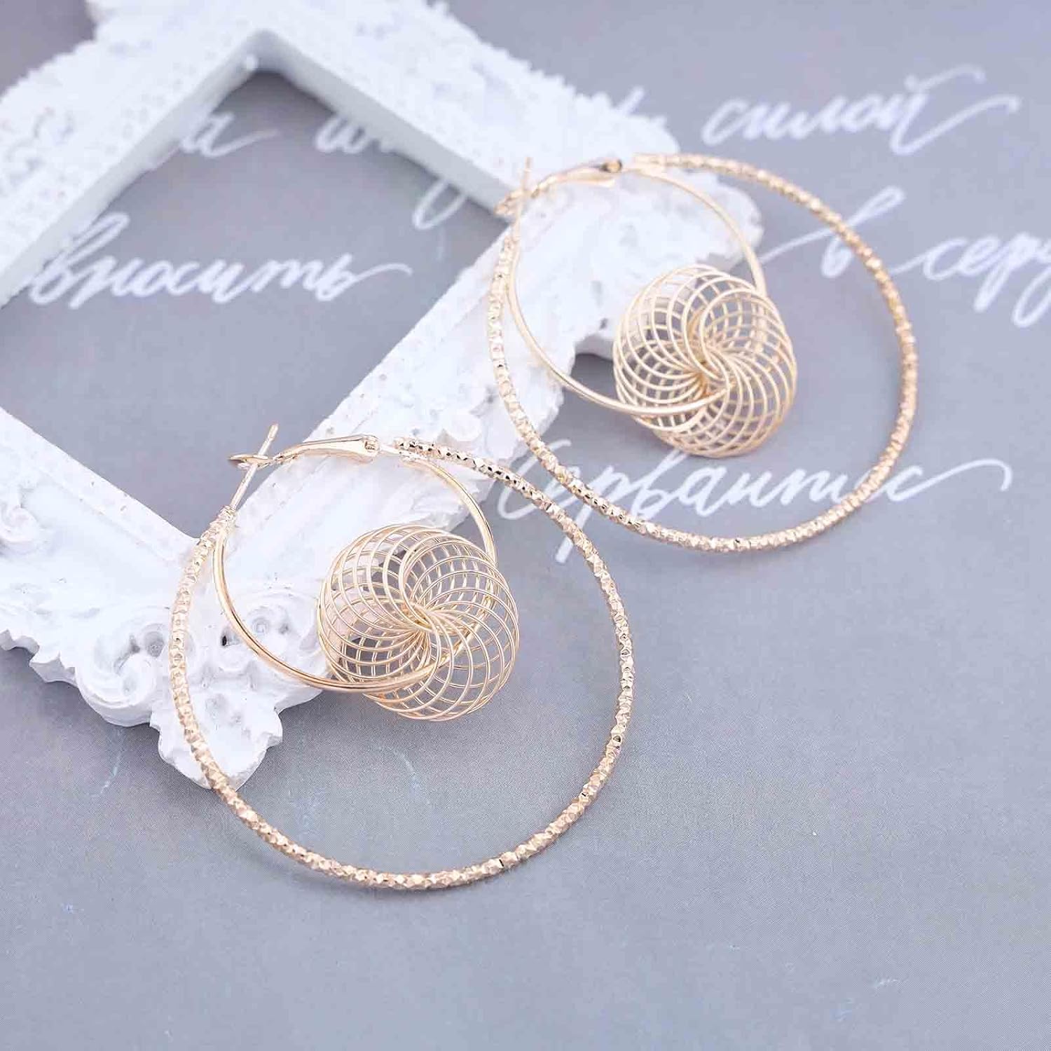 Vintage Hollow Circle Drop Earrings Layer Circle Hoop Dangle Earrings Gold Stacked Circle Hoop Earrings Large Textured Hoop Earrings Jewelry for Women - Image 5