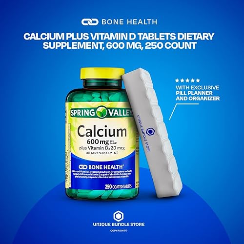 Miniatura 2 de Spring Valley, Calcio 600 mg con vitamina D3, suplemento dietético, suplemento de calcio 600 mg, 250 unidades + organizador de píldoras de 7 días