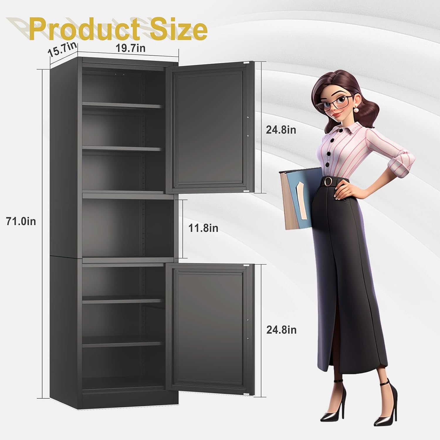 pozdeg 67" Tall Narrow Storage Cabinet Metal Bathroom Cabinet with 2 Doors & 4 Adjustable Shelves, Standing Pantry Cabinets Cupboard for Kitchen, Dining Room, Living Room and Bathroom (Black)