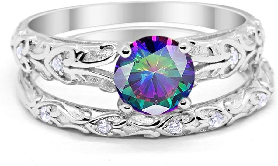 Blue Apple Co. Art Deco Two Piece Wedding Engagement Bridal Set Round Cubic Zirconia 925 Sterling Silver Choose Color