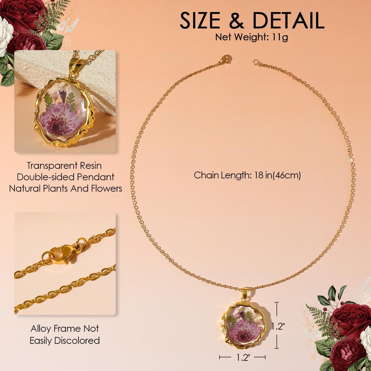 Birth Flower Necklaces for Women Golden Month Real Pressed Flora Necklace Handmade Boho Jewelry for Birthday Christmas Valentine's Day Lover Mother - Image 6