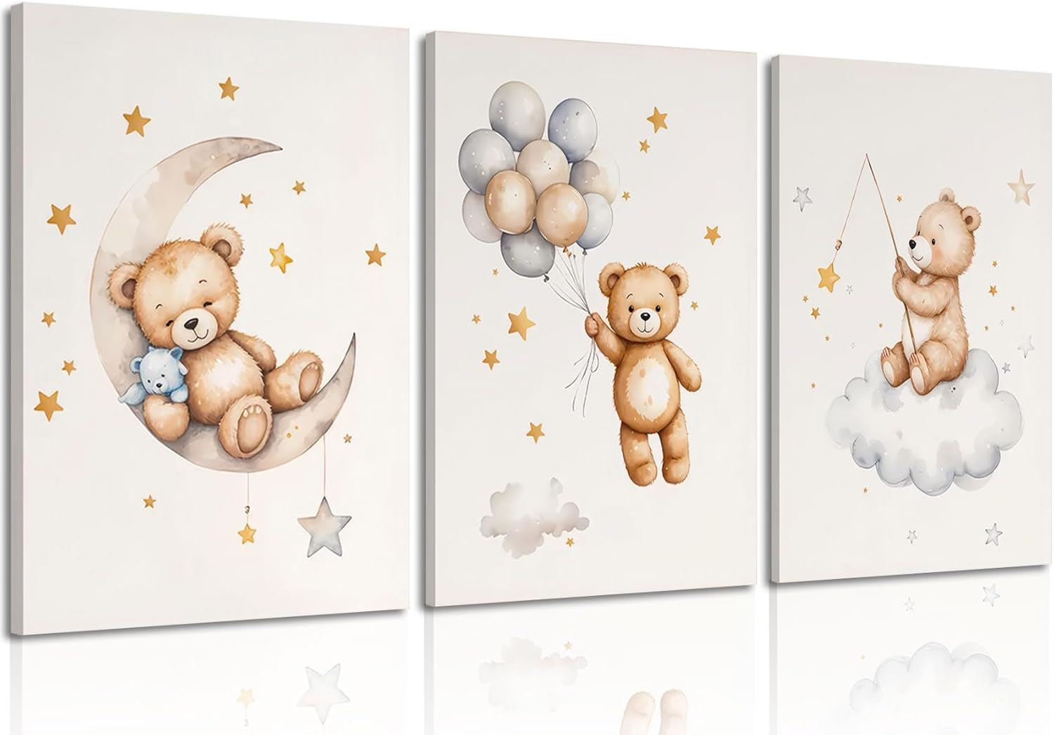 3 Pcs Framed Teddy Bear Nursery Canvas Wall Art Bear Sleeping on The Moon and Stars Wall Decor Pictures Balloon Cloud Neutral Poster Prints for Kids Baby Room Kindergarten Home Decoration 16x24in Canvas 16x24in