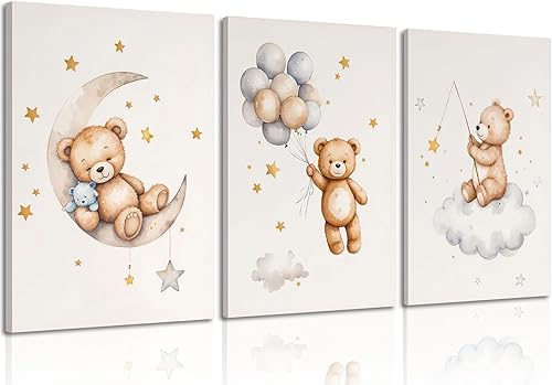 Miniatura 10 de 3 piezas de oso de peluche para cuarto de bebé, arte de pared con oso durmiendo en la luna y estrellas, decoración de pared con globos, nubes,