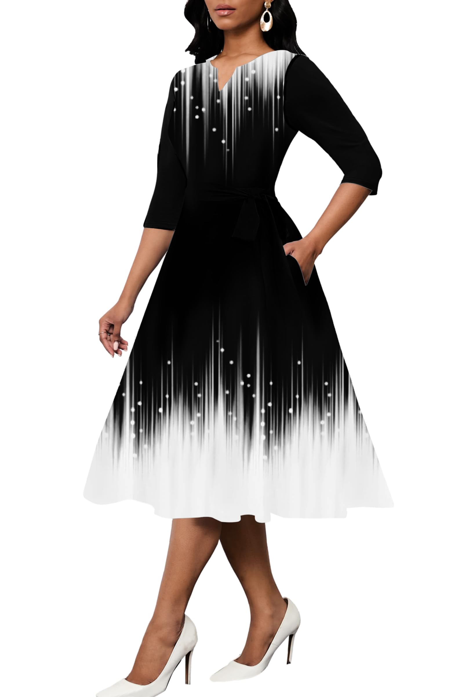 Max2coWomens Plus Size Summer Dresses V Neck Floral Sexy Midi Dress Boho Casual Cocktail 3/4 Sleeve A-Line Flared Skirts with Pockets Black/White XL