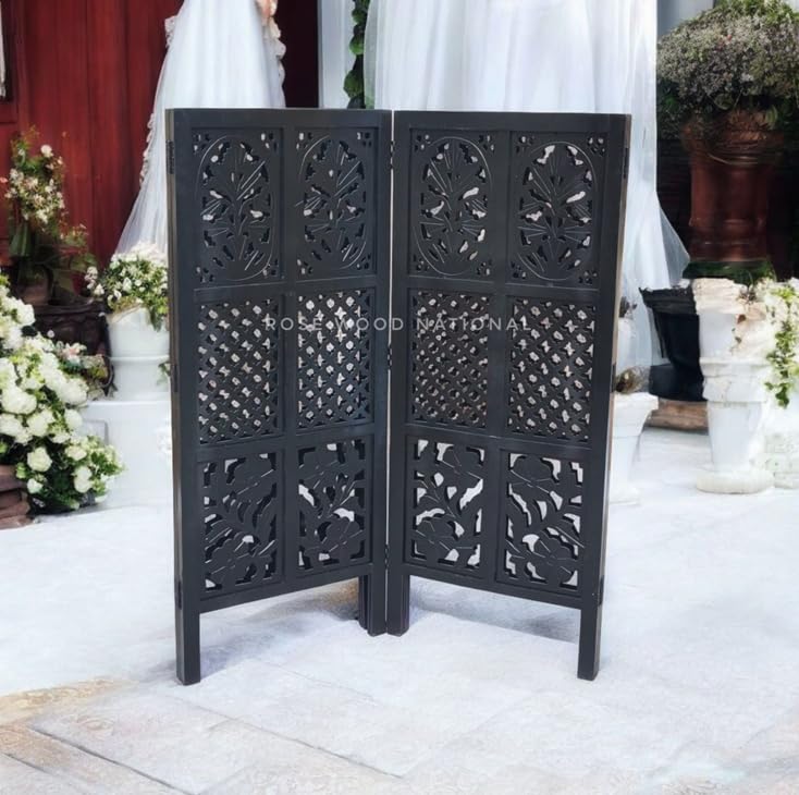 Rose Wood Wooden Divider for Living Room 2 Panel 4 fit Black| Wooden Beautiful Screen Seperator | Wall Divider | Black Wooden for Pooja Room | for Mandir | for Partition-image-48