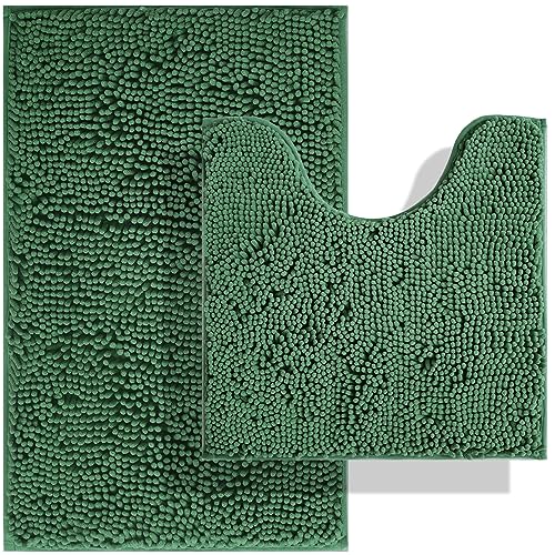 Image of BOANKODU Bathroom Set - 2 Piece Soft Chenille Bath Rugs, Non-Slip, 32x20 + 20x20 Inch U Shape, Machine Washable (Dark Green)