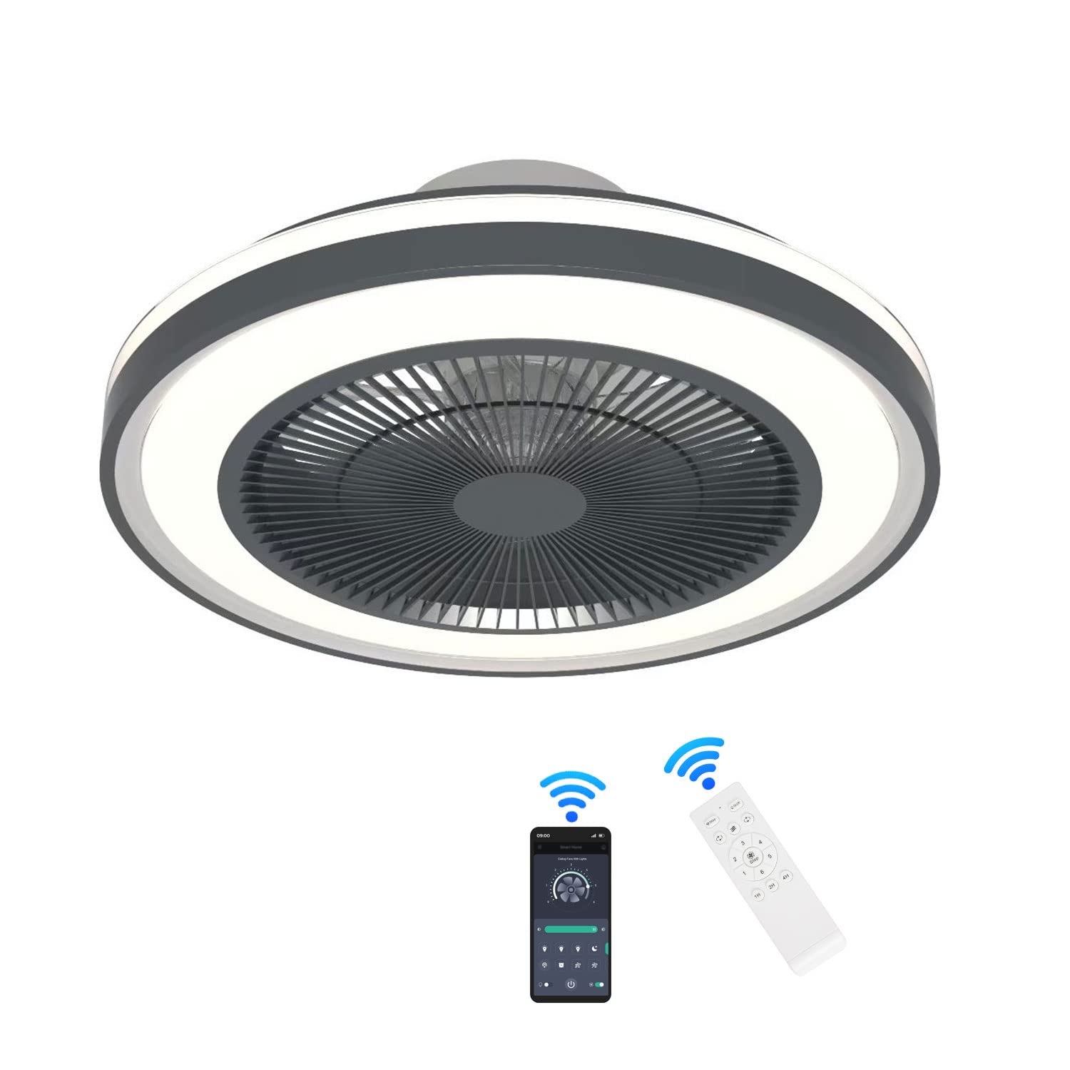 Ceiling Fan with Lights Remote Control 20 inch, Enclosed Low Profile Ceiling Fan With LED Lights and 7 Transparent Fan Blades, Adjustable Quiet Ceiling Fan with Stepless Dimming and 3 Colors