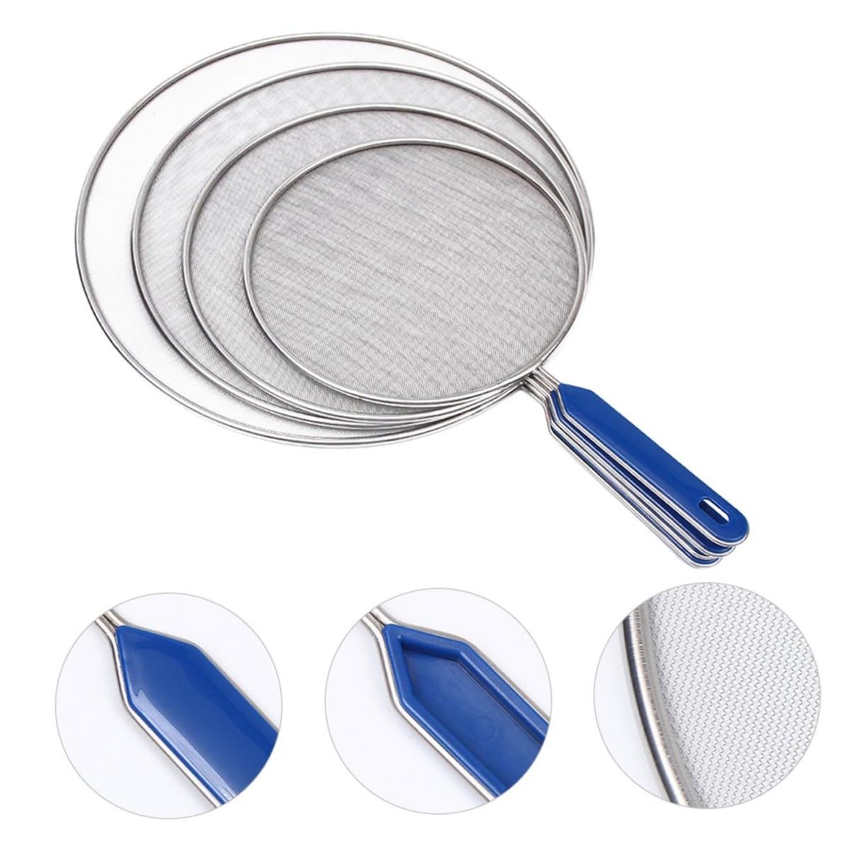 Cabilock 4 Piezas de Malla de Acero Inoxidable para Protección contra Salpicaduras en Cocina Mango Azul, Fácil de Usar y Resistente para Ollas y Sartenes