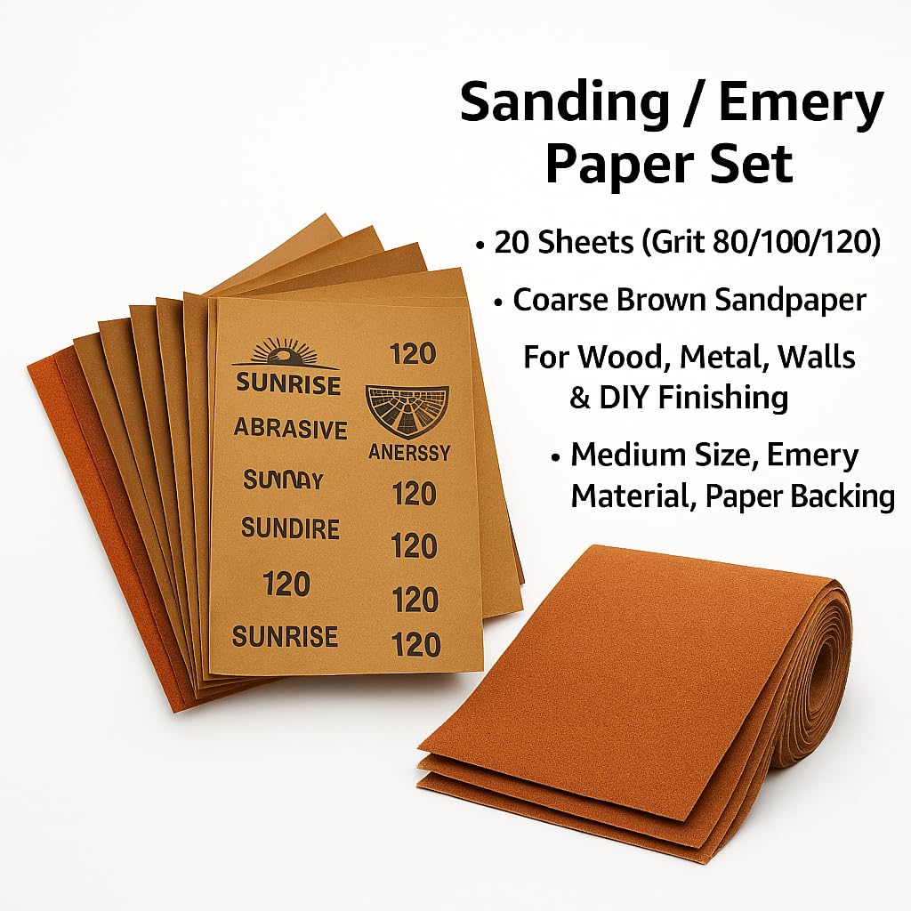 Sunrise Sanding/Emery Paper Set β 20 Sheets (Grit 80/100/120) | Coarse Brown Sandpaper for Wood, Metal, Walls & DIY Finishing | Medium Size, Emery Material, Paper Backing