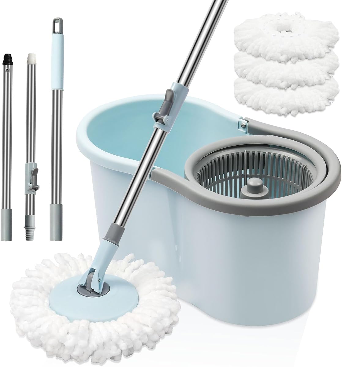 Trapeador giratorio y cubo con juego de escurridor, 3 cabezales de trapeador de microfibra, mango de 51" | Sistema de trapeador giratorio de 360° con mango ajustable de acero inoxidable y 3 cabezales de repuesto de microfibra para limpieza de pisos