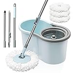 Spin Mop and Bucket with Wringer Set, 360 Spinning Mop Bucket System with 3 Microfiber Mop Replacement Heads and 50 Stainless Steel Adjustable Handle for Floor Cleaning