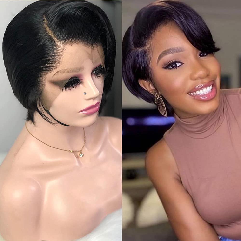 PORSMEER Short Human Hair Wig Pixie Cut Hair 13x6 Lace Front Wig Black Bob Wig,150% Denisty Glueless Straight Brazilian Real Hair Side Part Wigs for Women - Image 2
