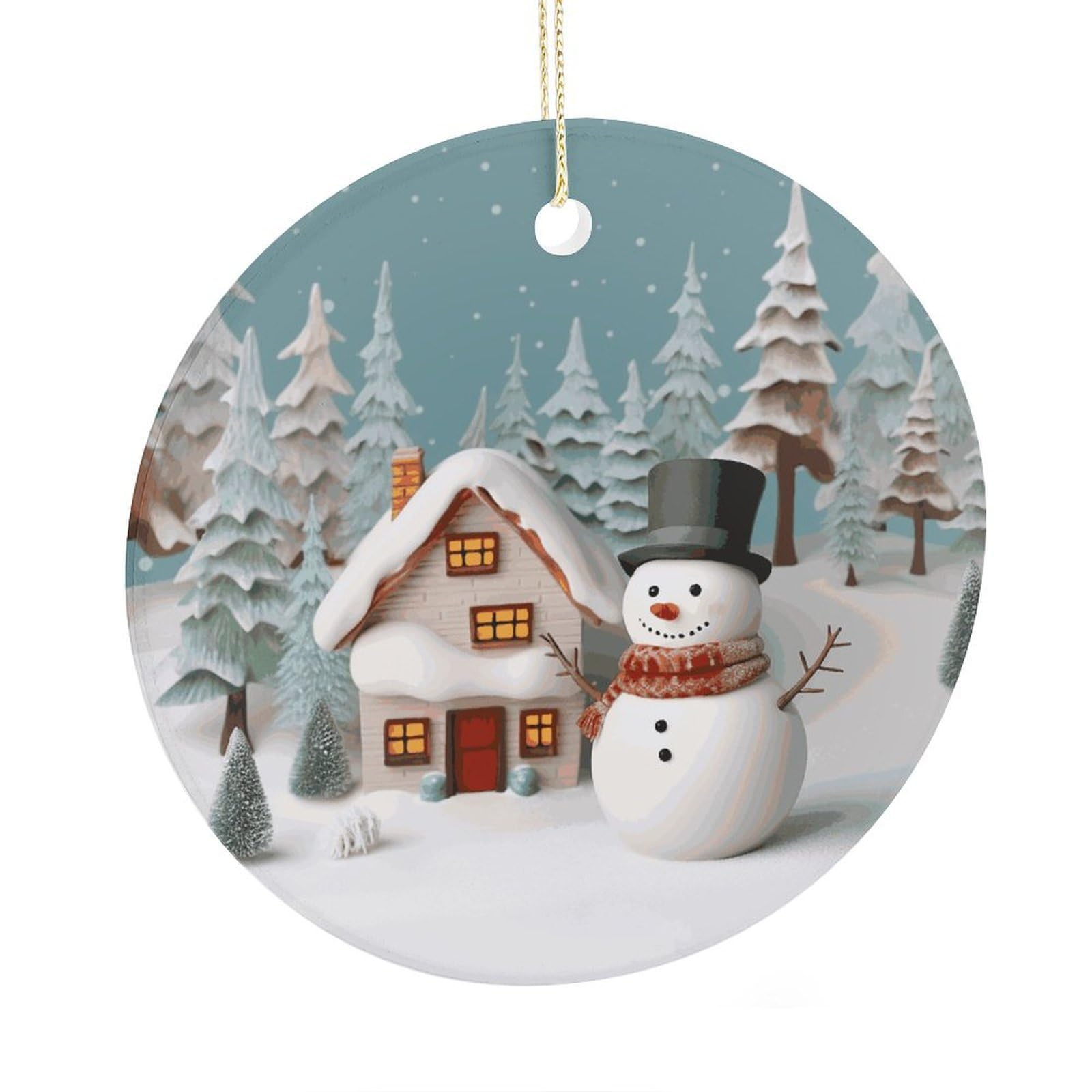 Adfgyerh Style Snowman And Village Ceramic Circular Pendant,2.9 Inch，Hanging Ornament，Gift Exchange Idea Round Ceramic Ornament,For Mom And Daughter，For Home Indoor Outdoor Decor.