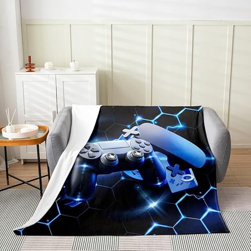 Gamer Bed Blanket,Gaming Fleece Throw Blanket Flannel Fuzzy Blanket For Kids Boys Girls,Video Game Lightning Blue Gamepad Game Controller Microfiber Plush Blanket Room Decor Queen 90"X90" #TOP1