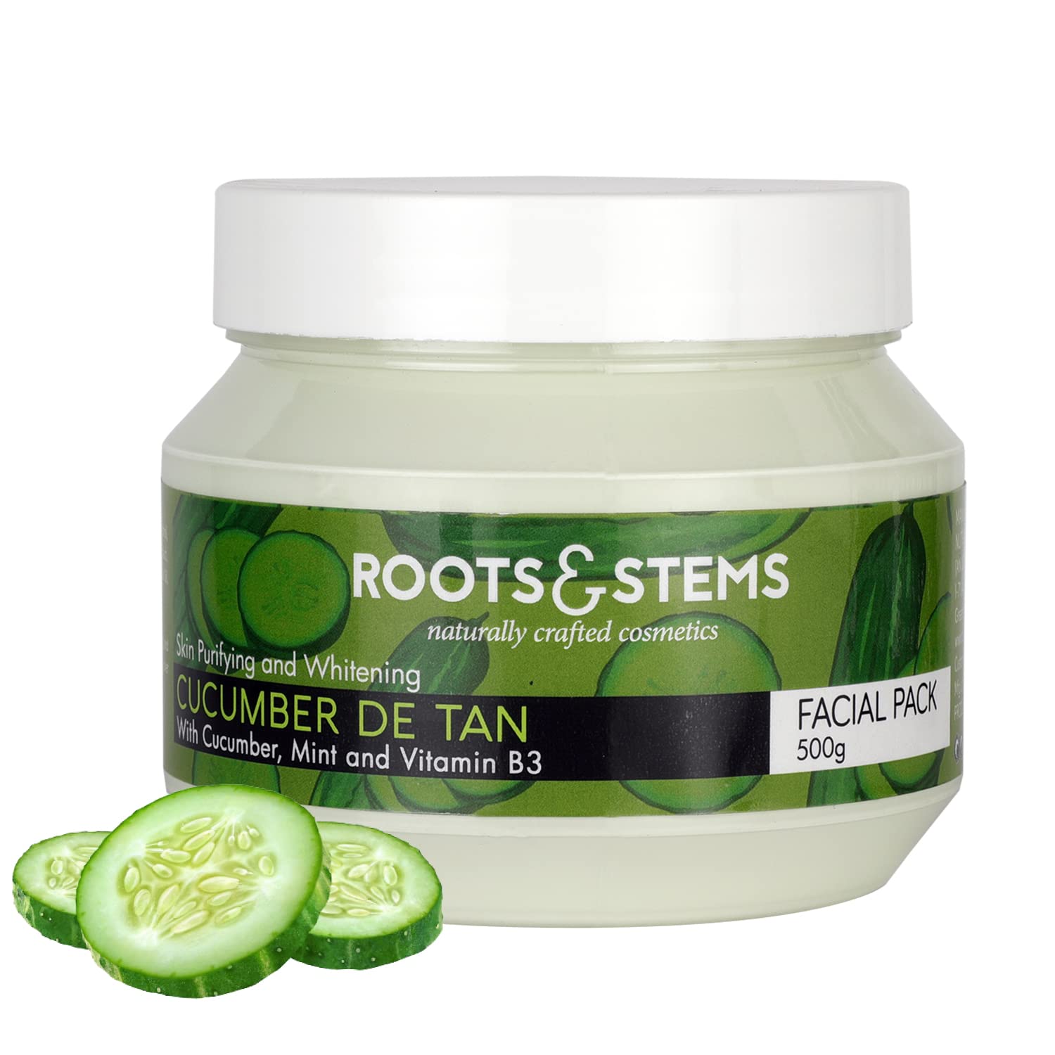 Roots & StemsCucumber De Tan Facial Pack- Refreshed & Hydrated Skin- 100% Natural/Purifying & Whitening/Repairs Damaged Skin, Tan Removal, Soothes Skin Inflammation, Fades Acne & Blemishes (500 gm)