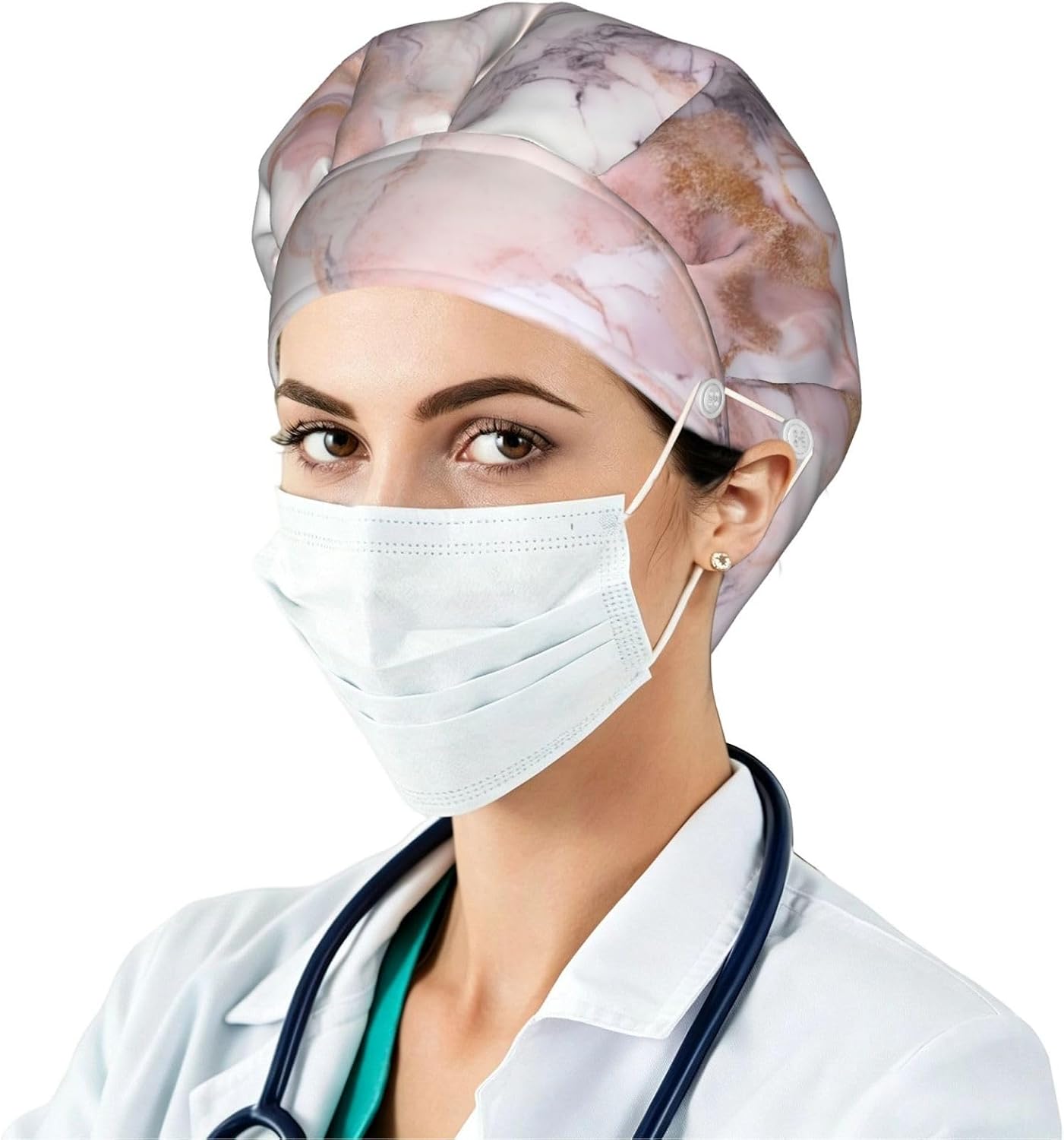 White Marble Pattern Bouffant Cap with Buttons, Sweatband Cap