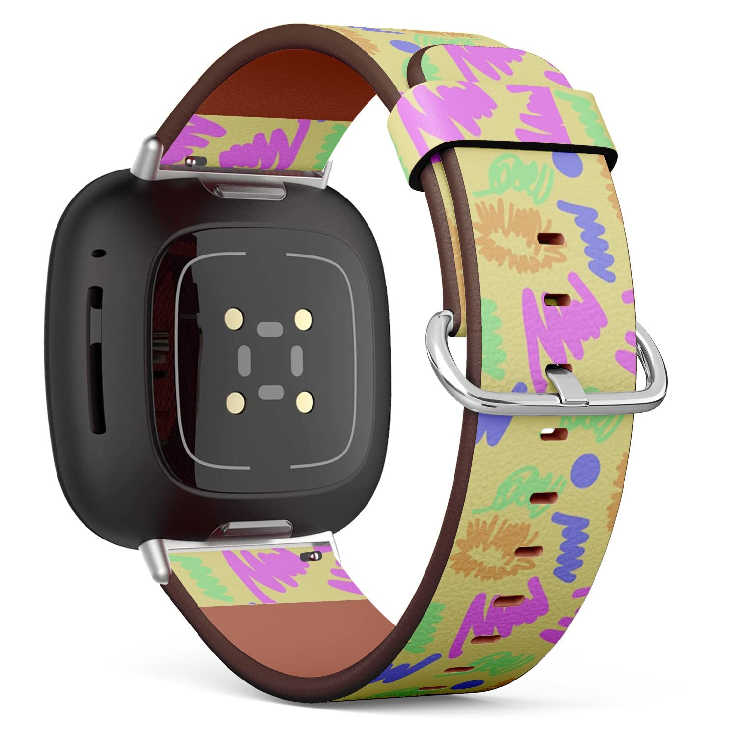 CJBROES Replacement Leather Watch Band, Compatible with Fitbit Versa 3 and Fitbit Sense of Wristband Bracelet Accessory - Decorative Motif Doodles