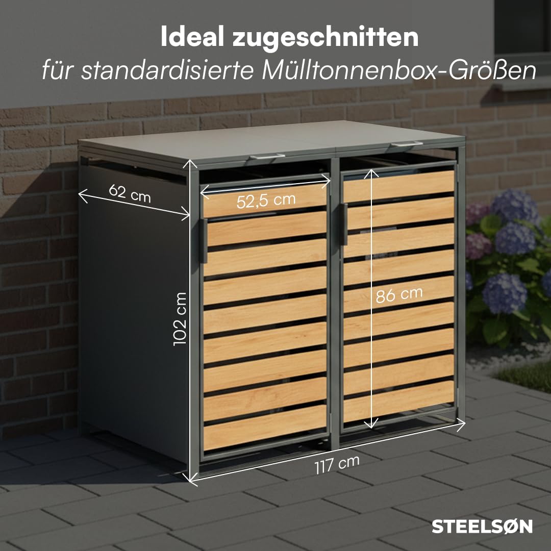 STEELSØN Kestra Mülltonnenbox 2er bis 120L – Mülltonnenverkleidung aus Stahl mit Sichtstreifen in Holzoptik – hochwertige Müllcontainer für 2 Tonnen – Müllbox in Anthrazit – Gerätebox wetterfest