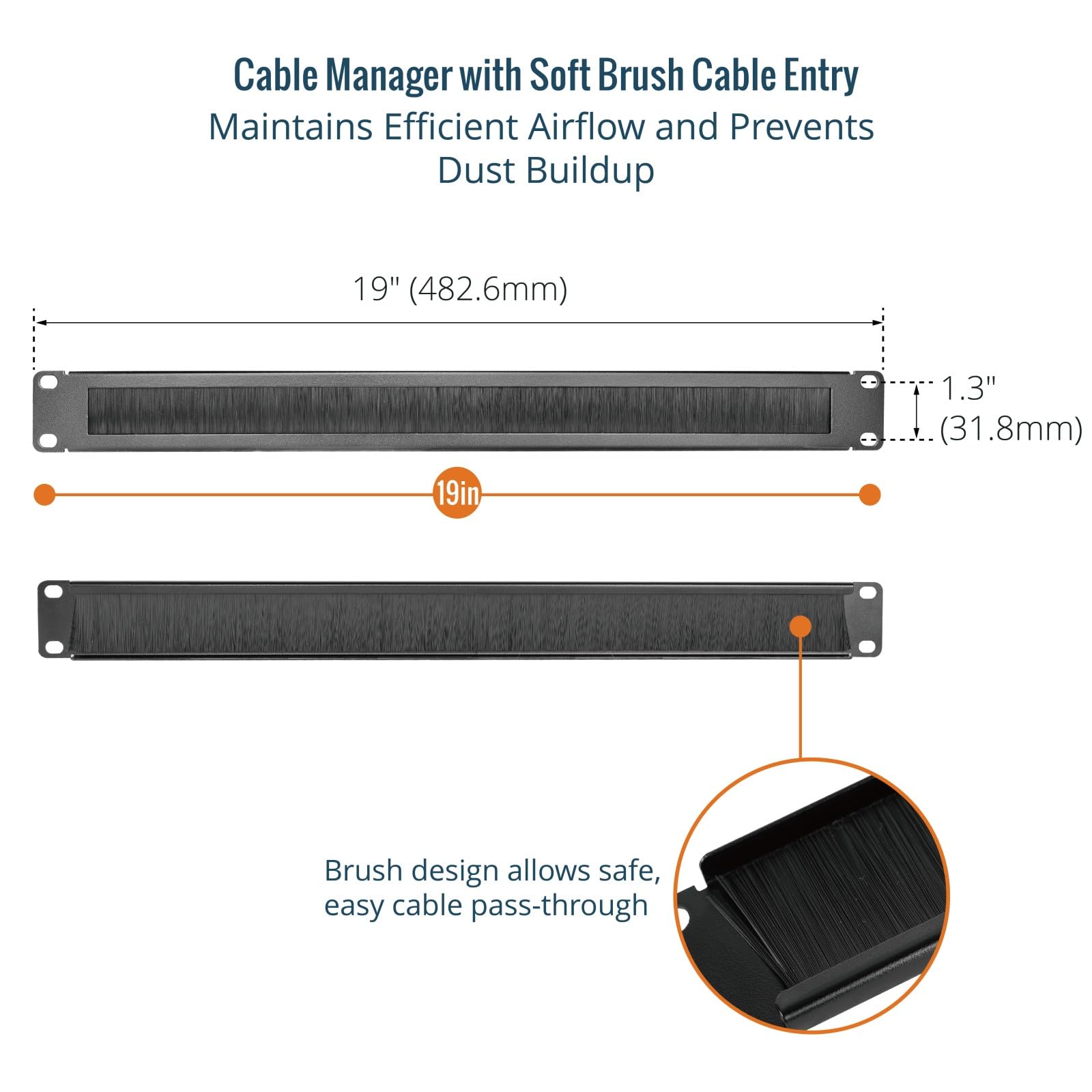 Tecmojo Panel de gestión de cables de montaje en rack 1U con cepillo, panel de cepillo para rack de servidor de 19 pulgadas o gabinete de red, negro, paquete de 2
