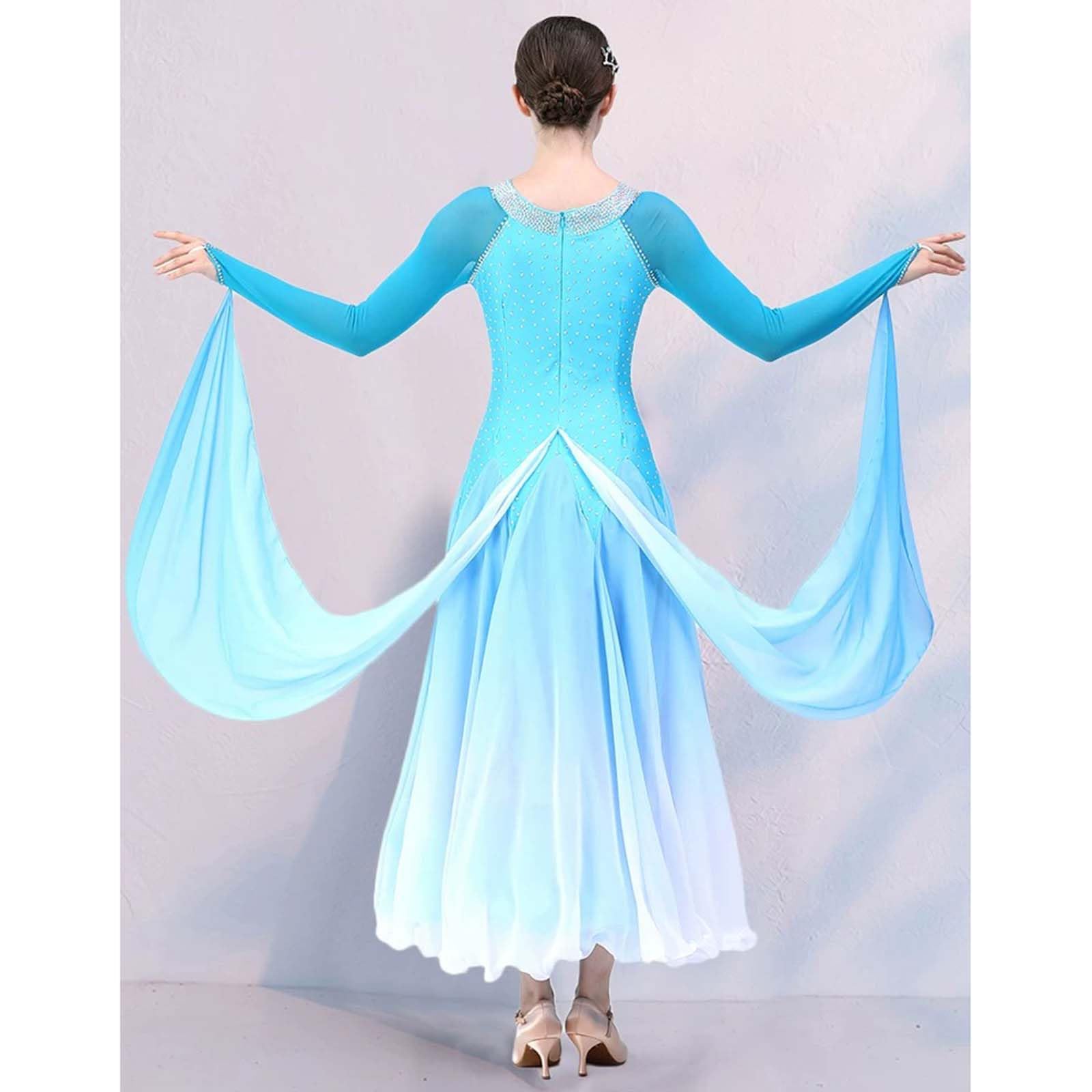 purpleq Professionelles Standard Tanzkleid für Turniere, Elegantes Walzer Kleid mit Strass, Langarm Performance Kleid, Hochwertiges Tanzsport Outfit mit Farbverlauf