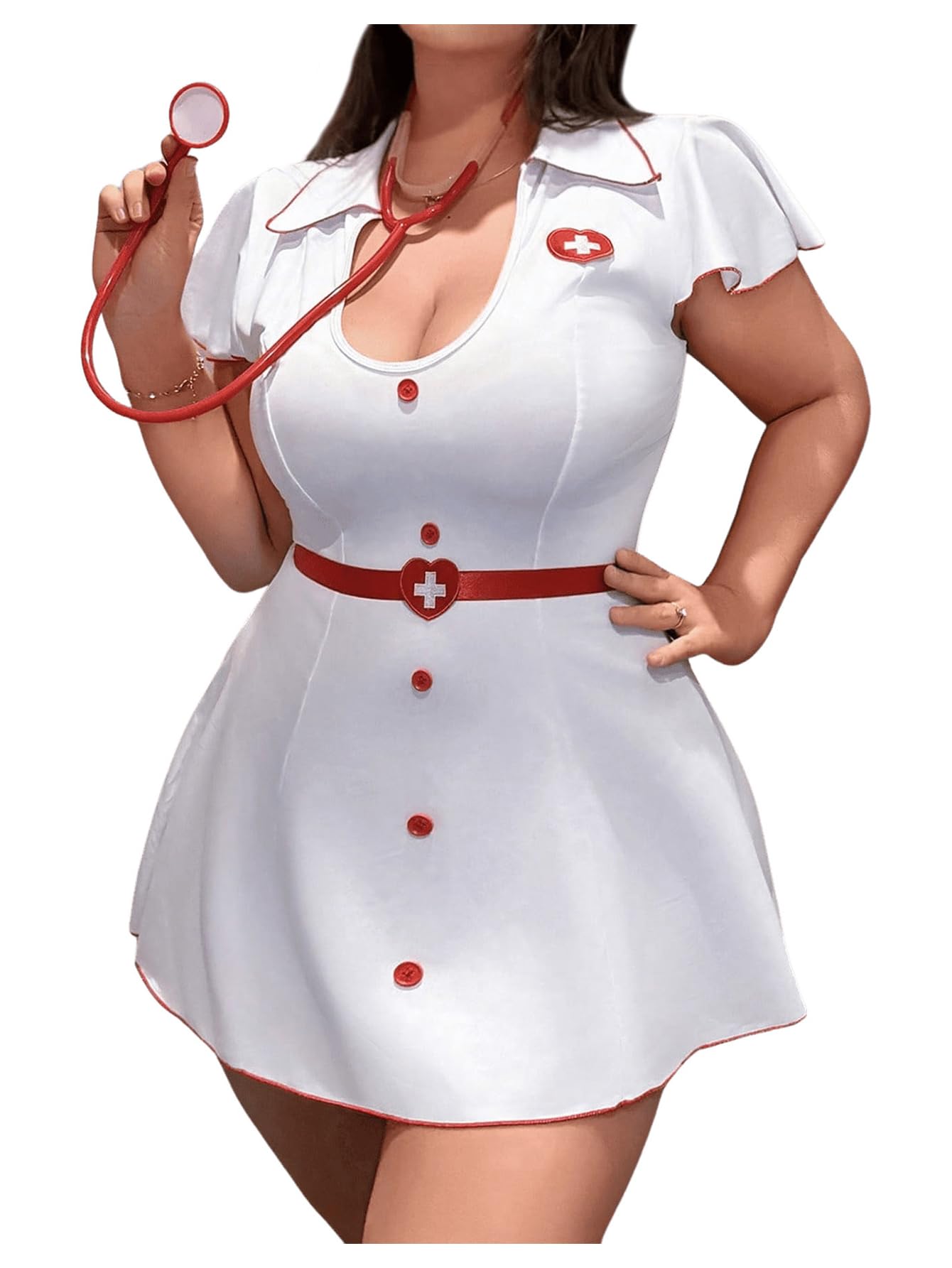 WDIRARA Women’s Plus Size Nurse Costume Cosplay Halter Lingerie Set with Headband