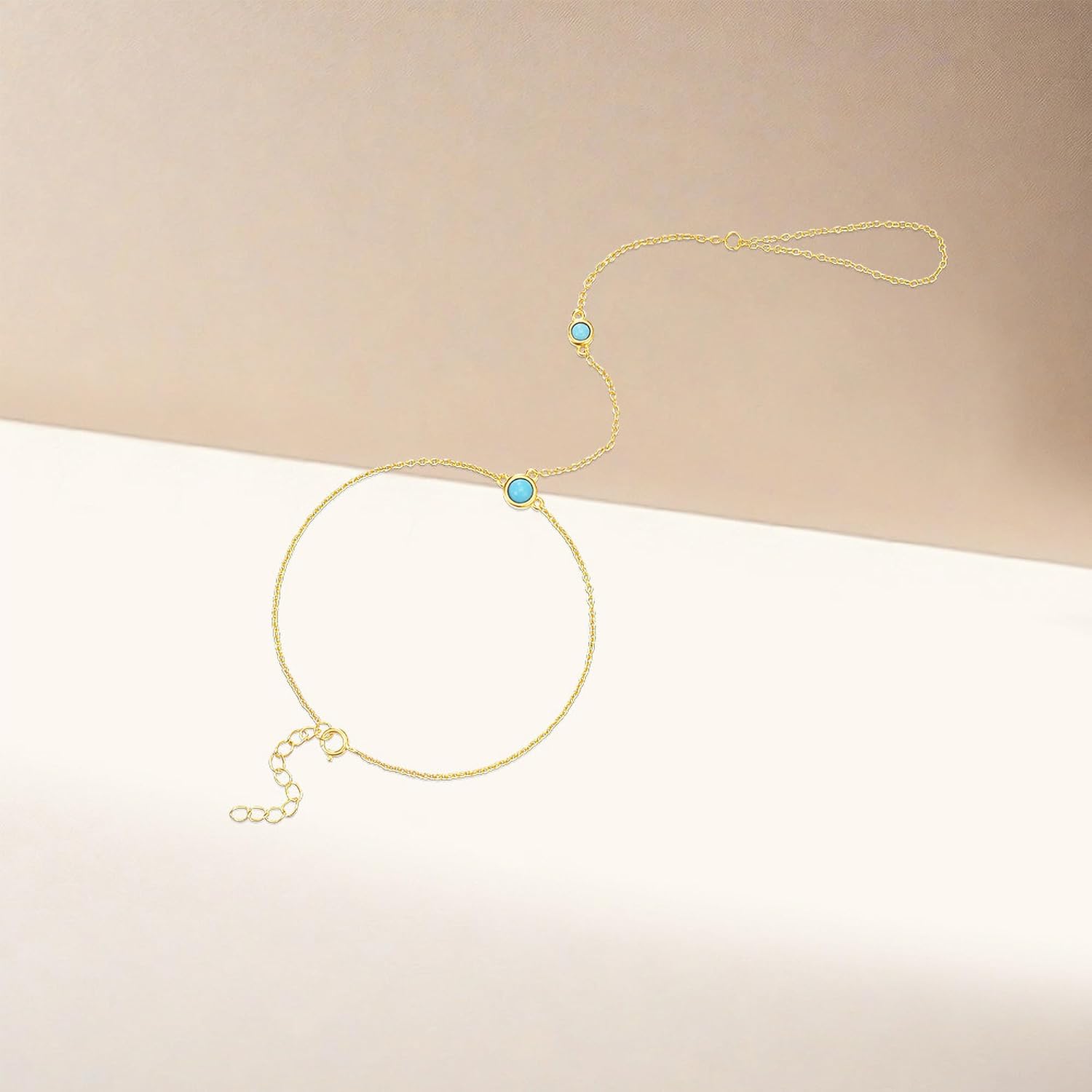 SUYACS 14K Gold Plated Birthstone Hand Chains Bracelet for Women Dainty Red Cubic Zirconia Turquoise Stone Finger Ring Slave Bracelet Jewelry Birthday Summer Gifts for Mom Friends