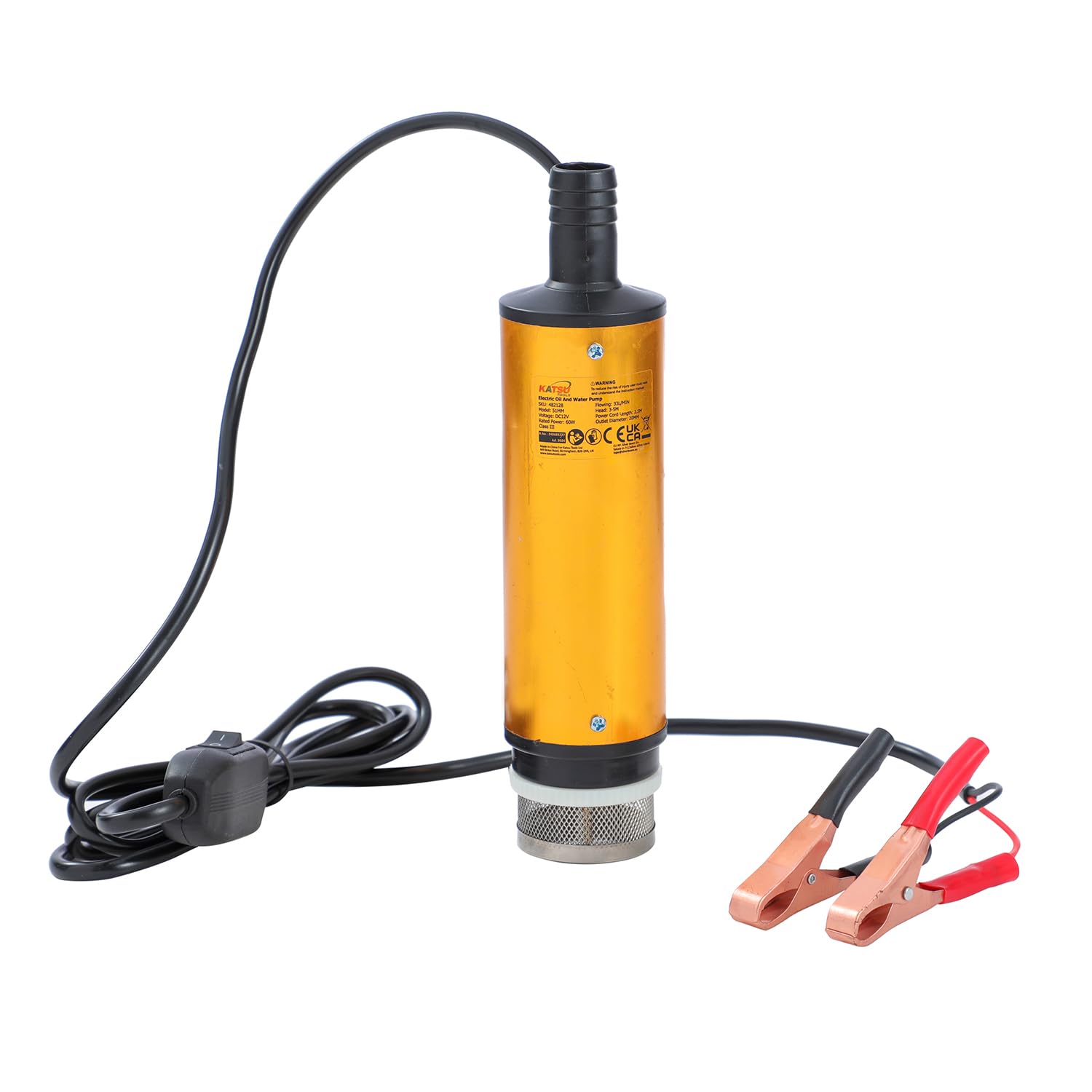 KATSU Tools 12V 51mm Komplet pompy do transferu oleju napędowego i paliwa Diesla, przenośna, aluminiowa, zanurzalna pompa wodna z pistoletem dozującym i 3-metrowym wężem do szybkiego użycia