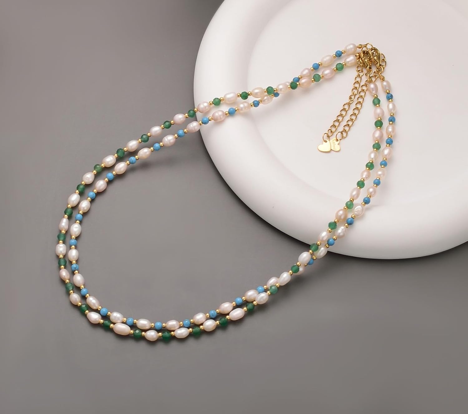 Aleasha Freshwater Cultured Pearl Necklace Green Aventurine Blue Turquoise Dainty Choker Rice Pearl Strand Stainless Steel Jewelry Gifts - Image 7