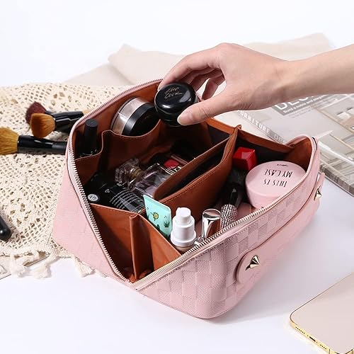 Miniatura 2 de Bolsa de cosméticos de viaje de gran capacidad bolsa de maquillaje a cuadros portátil de cuero impermeable bolsa para el cuidado de la piel con asa