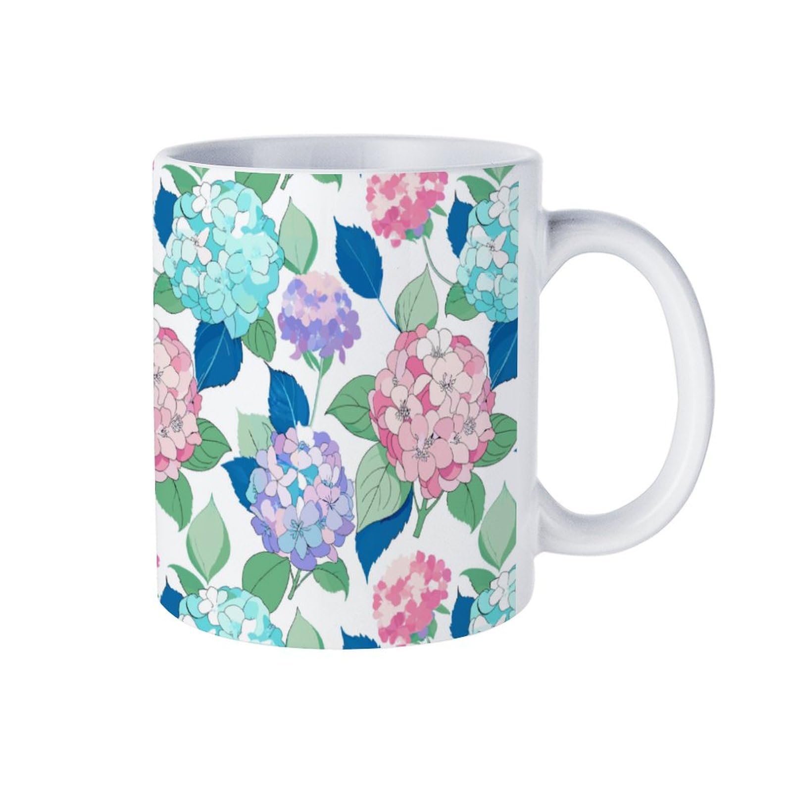 11 oz White Ceramic Mug with Exquisite Fade-Resistant Prints - Perfect for Coffee, Tea, Latte, Hot Cocoa - Dishwasher Safe, Anti-Tip Design for Home, Office & Café Use Hydrangea Pattern