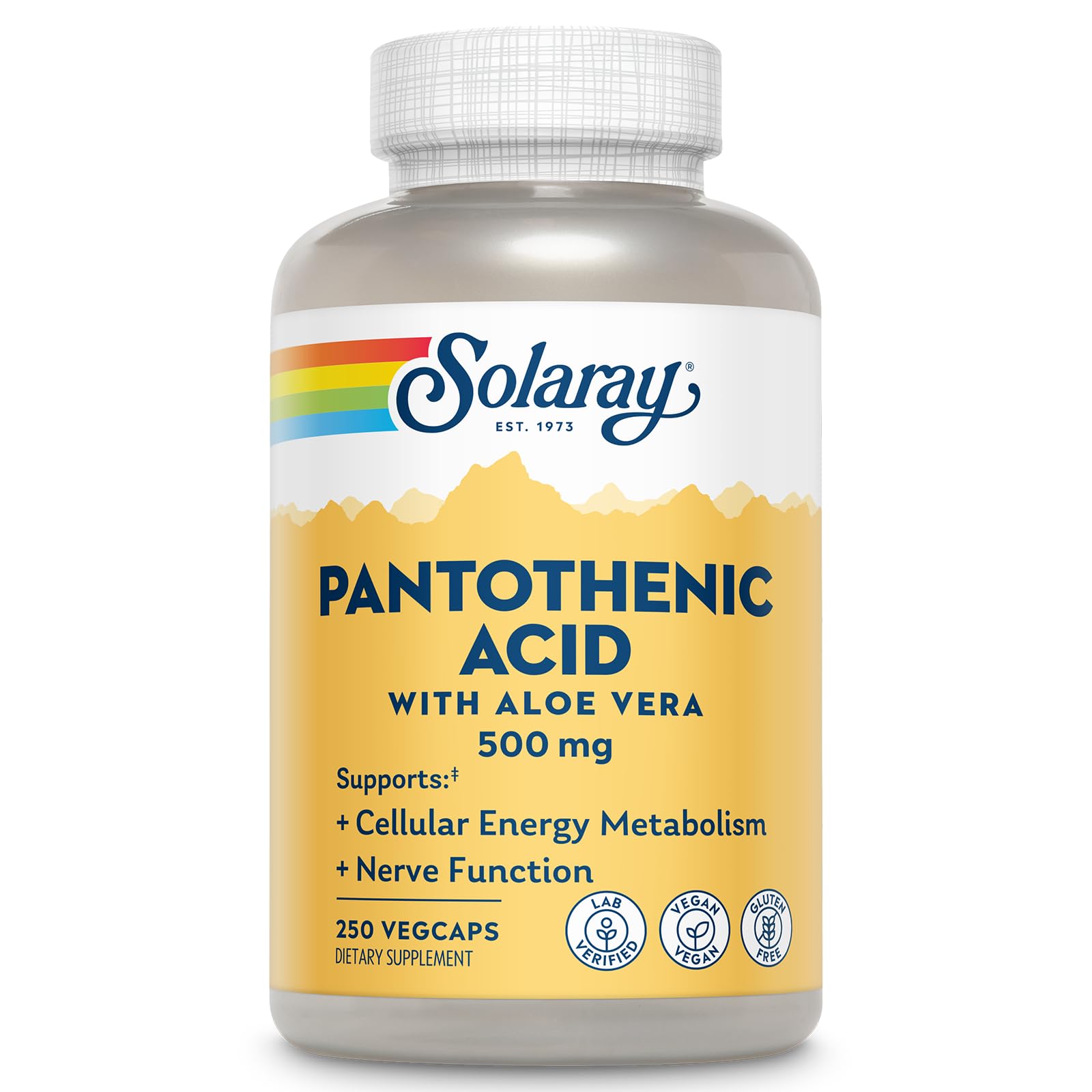 SOLARAY Pantothenic Acid 500mg - Pantothenic Acid Supplement (Vitamin B5) - Essential B Complex Vitamin - Nervous System and Cellular Energy Support - Vegan, Gluten Free, 60-Day Guaratee, 250 Servings