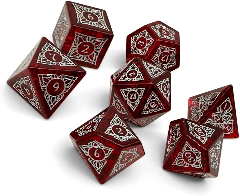 Norse Foundry Sylvan Weaver Shattered Garnet Zircon Glass Dice Set - 7-Piece RPG Polyhedral Dice Designed by Yaniir - Shattered Crystal Dice with White Number Fill