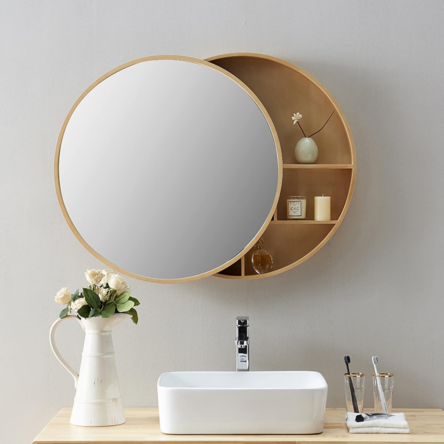 Vanity Mirrors Bathroom Mirror Cabinet Wall-Mounted Round Mirror Storage Cabinet Solid Wood Round Mirror Storage Cabinet for Toilet Mirror (Color : (G