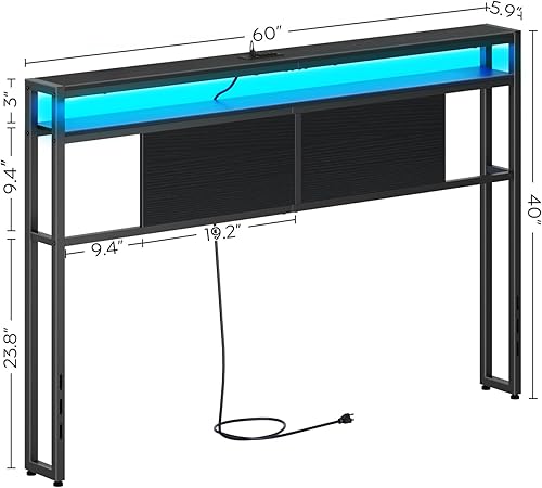 Miniatura 2 de YATINEY Cabecera tamaño Queen, estante de almacenamiento con luz LED y 2 salidas y puertos USB, tablero principal con 2 estantes de almacenamiento,