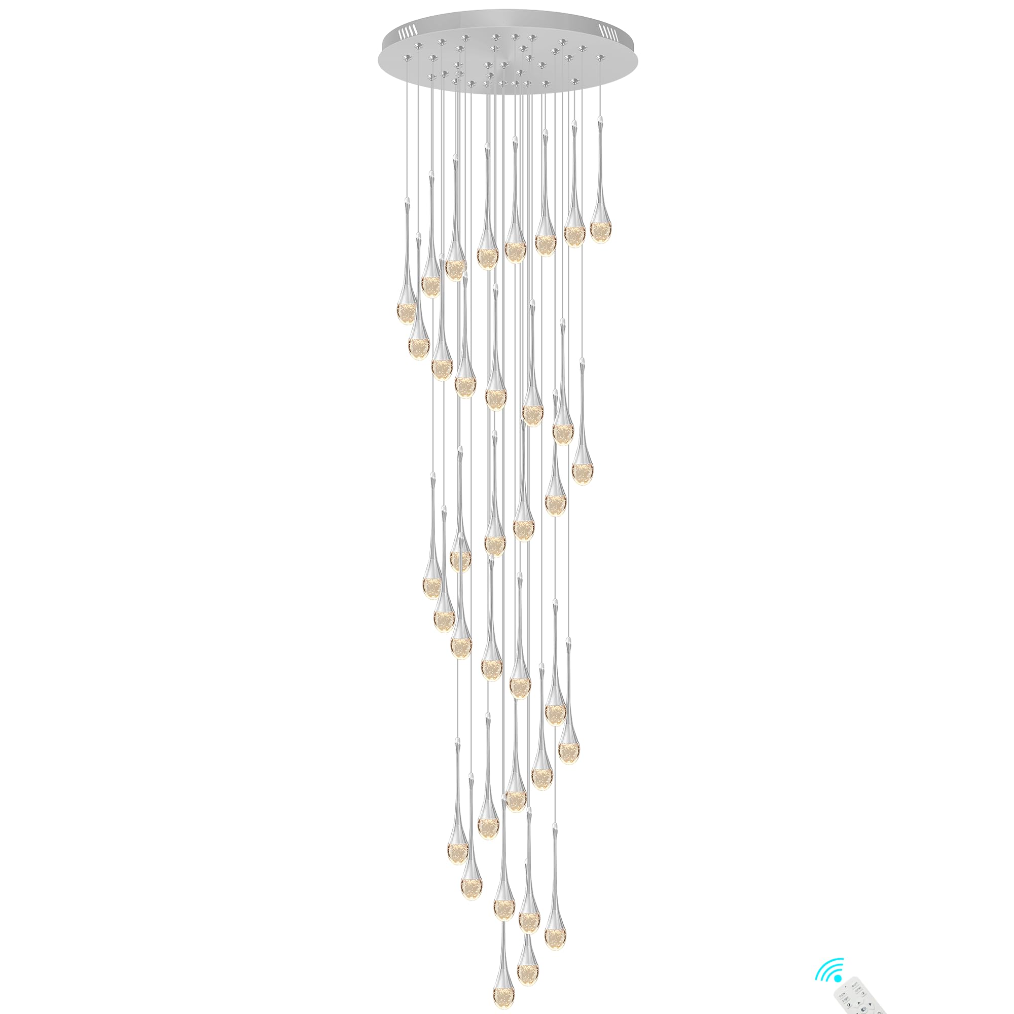 150''/381cm Long Staircase Crystal Pendant Chandeliers 36Light Silver Column Crystal Chandeliers Foyer Entrance High Ceiling Hanging Chandelier 2700-6000k Dimmable Fixtures LED Big Chandeliers