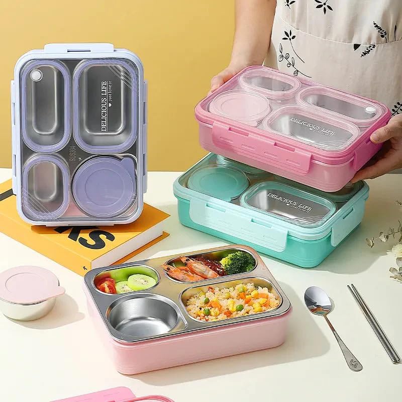 Image of TRENDYWENDY Stainless Steel Bento Lunch Box 950ml | 4 Compartment Leakproof Tiffin Box with Sauce Container & Spoon | Lunch Box for School, Office & Travel (Mint Green)