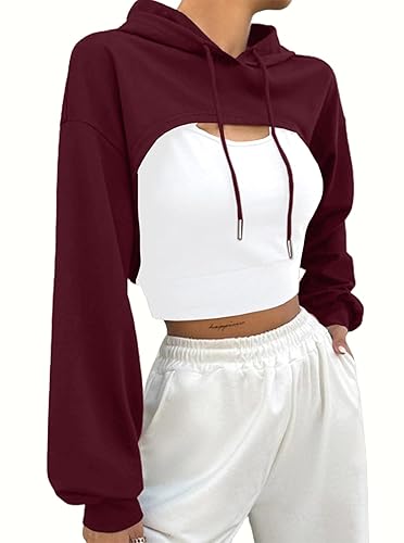 Hilinker Women's Long Sleeve Cropped Hoodie Workout Drawstring Super Crop Tops - Large - Burgundy
