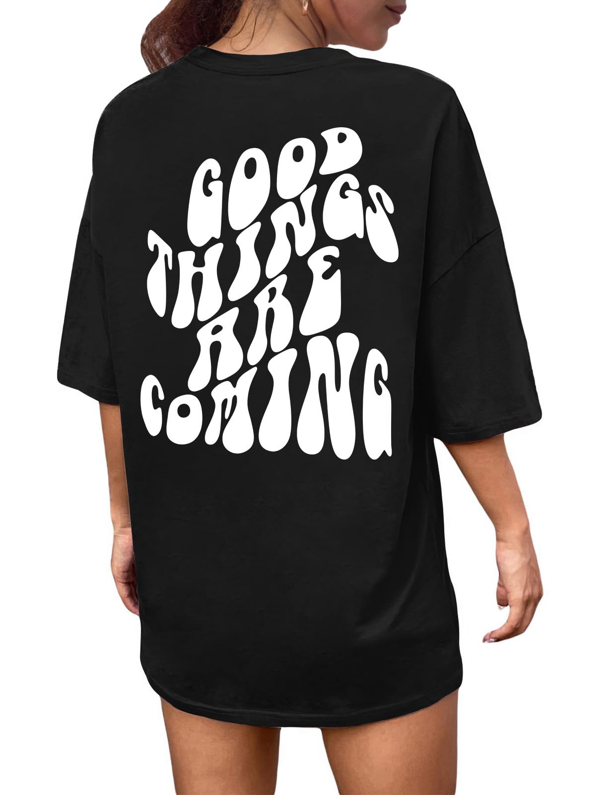 CMTOP T-Shirt Damen Oversize Shirt Hemden mit Kreativen Buchstaben Lose Rundhals Kurzarm Baumwolle Casual Tops Bluse Oberteil Sommer Basic Shirt Lang Top Sportshirt