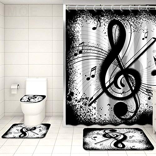 Rnnjoile Black And White Shower Curtain Sets With Rugs And Mats 4 Piece Music Theme Art Print Bath Curtain Fabric Bathroom Decor Set With Hooks #TOP2