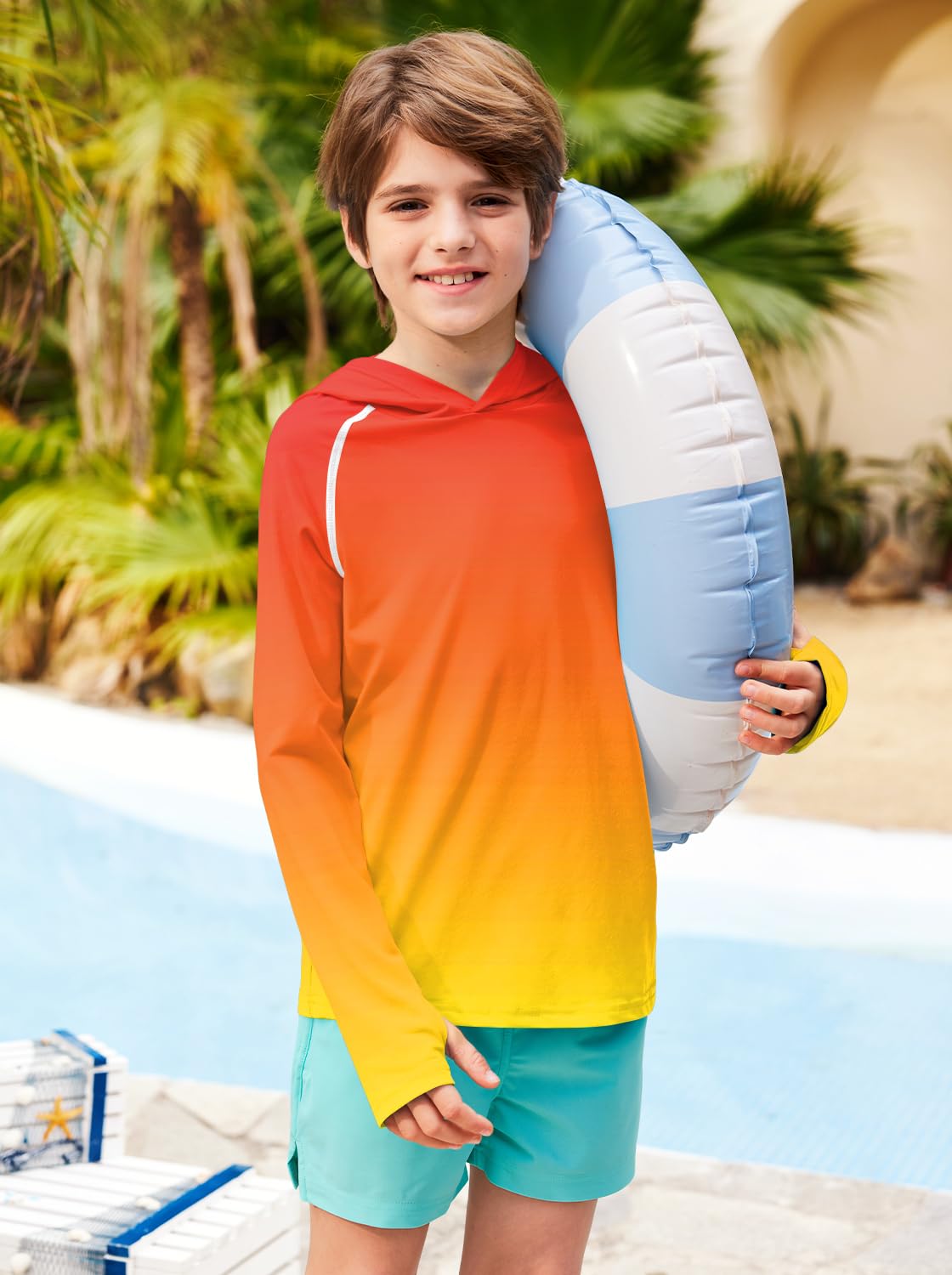 BesserBay Koszulka chłopięca UV z długim rękawem z kapturem UPF50+ Rashguard dzieci 120-160
