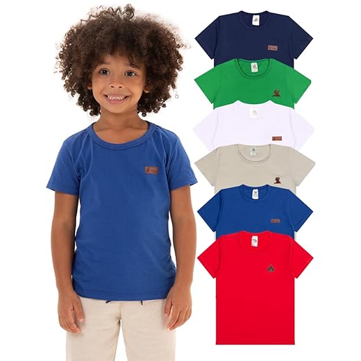 Kit 5 Camisetas Básicas Infantil para Meninos Versátil confortável e Coloridas de Algodão