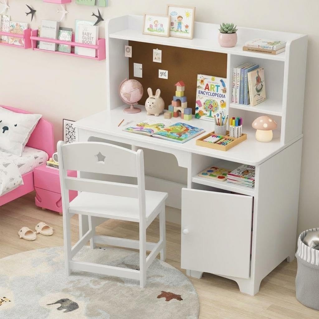 GAOMON Kids Desk & Chair Set with Hutch - Wooden Study Table, Storage Cabinet for Ages 3-8 Bedroom/Study, White