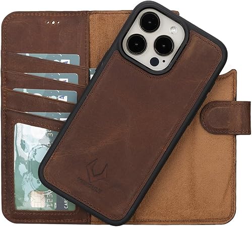 VENOULT - Funda tipo cartera para iPhone 15 Pro Max, para hombre o mujer, desmontable, soporte para 4 tarjetas, piel auténtica, soporte de carga