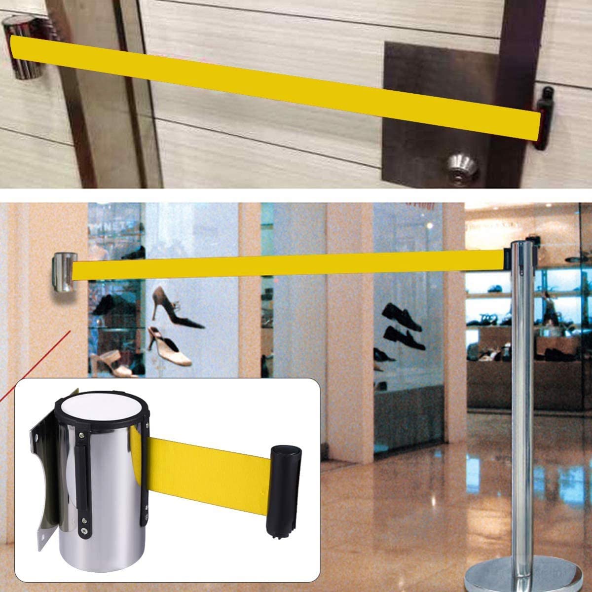 Cintura barriera per code montata a parete, nastro retrattile per code, cintura per recinzione per code di sicurezza, cintura telescopica per banca, aeroporto, società alberghiera, giallo, 2 m (giallo