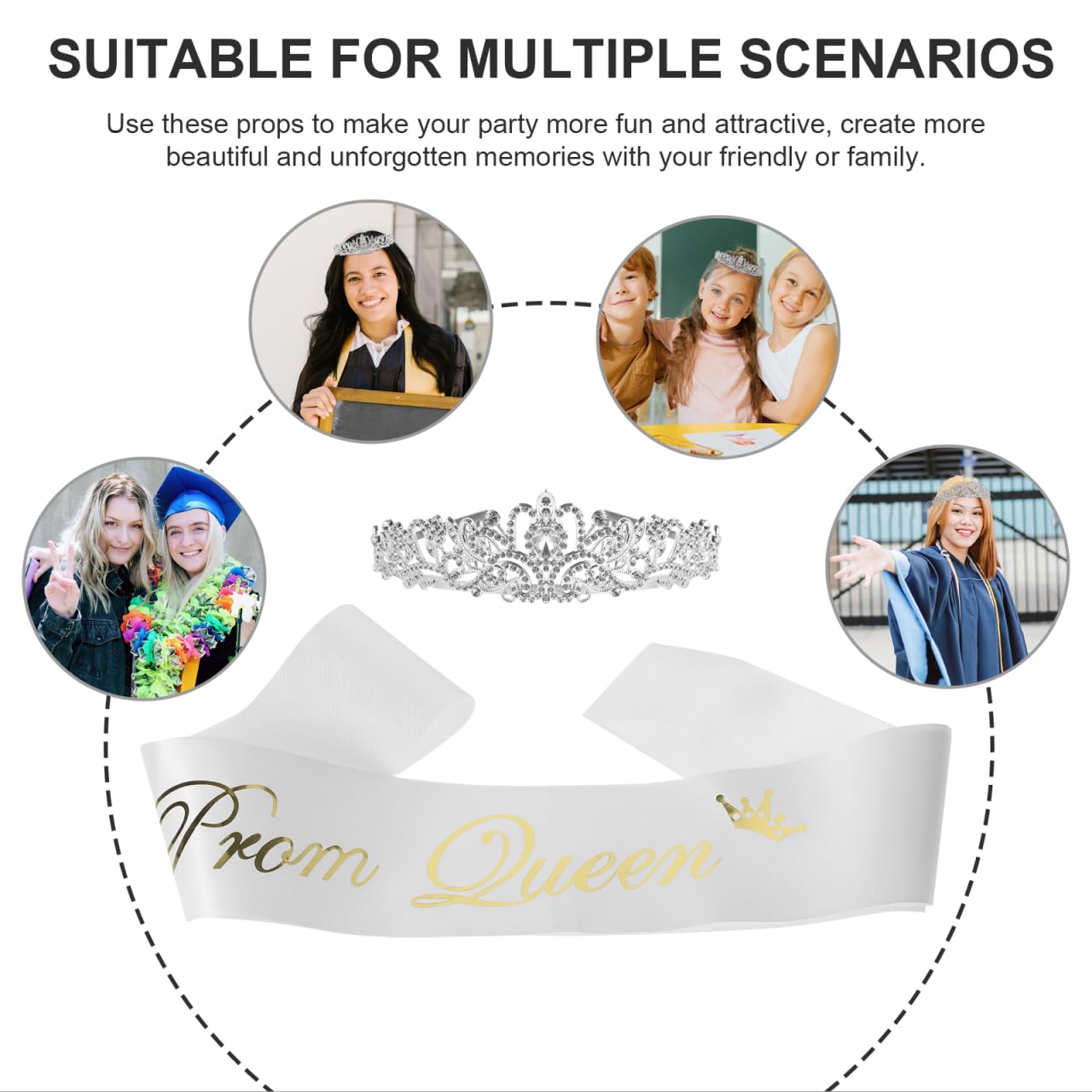 UKCOCO Graduation Crown & Prom Queen Sash Set: Tiara with Rhinestones and Satin Shoulder Strap with Comb - Image 2